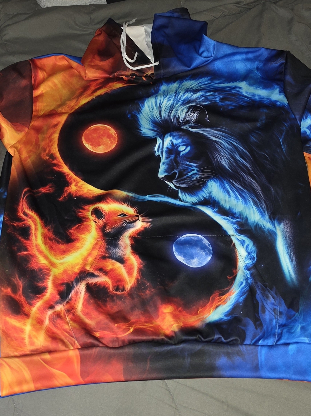 Fire and Ice Yin Yang Lion & Cub Hoodie - Bold Blue & Orange Graphic - Picture 2 of 5